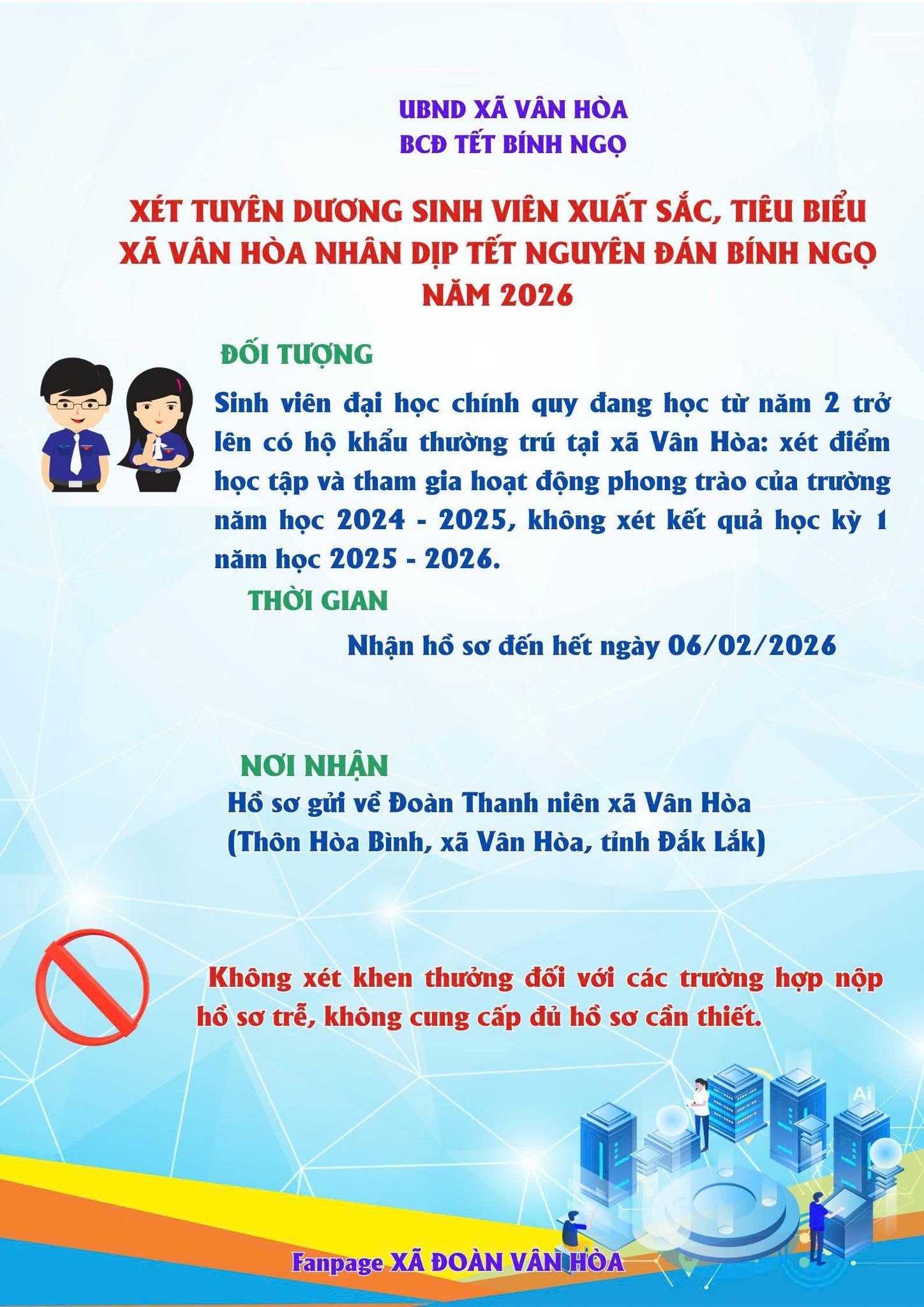 THÔNG BÁO VỀ VIỆC NỘP HỒ SƠ XÉT TUYÊN DƯƠNG SINH VIÊN TIÊU BIỂU XÃ VÂN HÒA NHÂN DỊP TẾT NGUYÊN ĐÁN BÍNH NGỌ NĂM 2026
